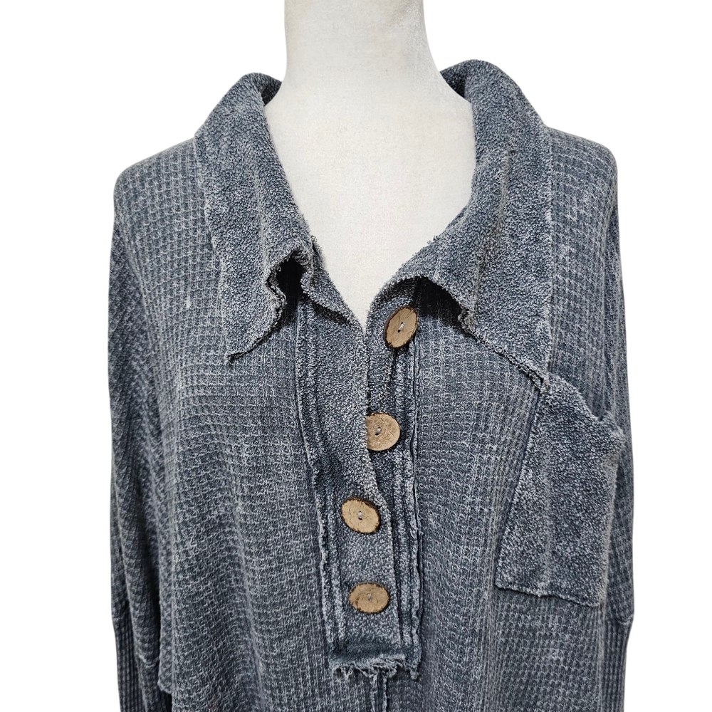 Blue Buttercup Cotton blend Waffle Thermal Textured Top Oversized Medium - Picture 2 of 12